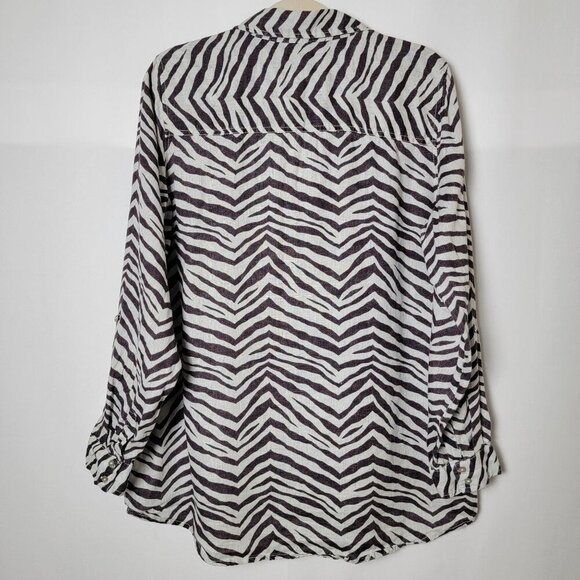 Tahari Linen Zebra Animal Print Beachy Long Sleeve Roll Tab Button Up Shirt L - Picture 6 of 10